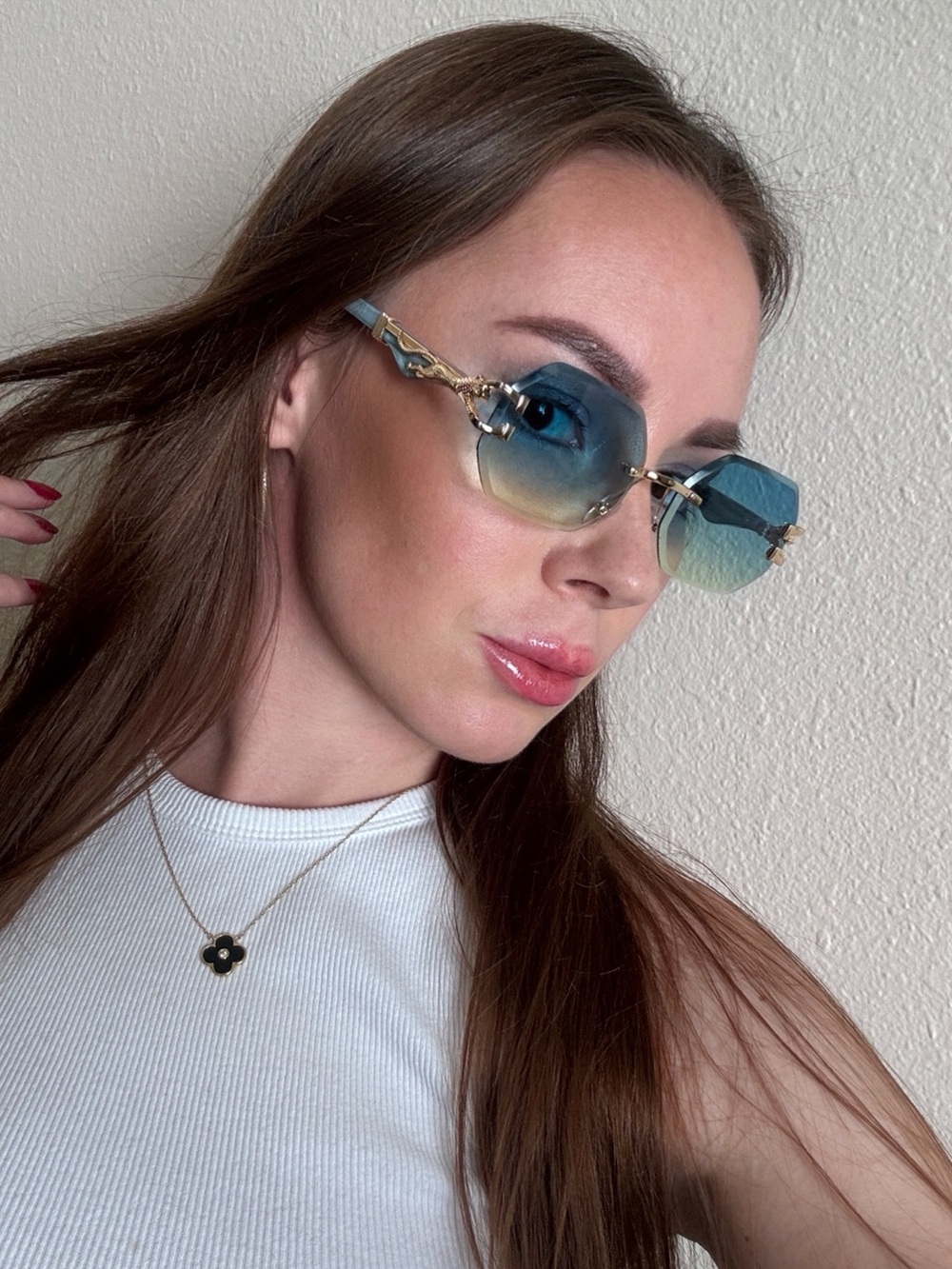 Designer Style Hexagon Green Gradient Sunglasses with Gold Detailing